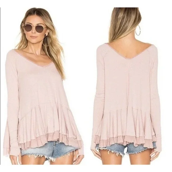 Free People We The Free •XS• Tangerine Thumbhole Flared Hem Distressed Pink Top - Picture 1 of 9